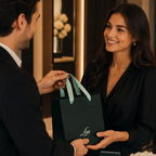 Boutique salesman handing woman a Lea branded bag