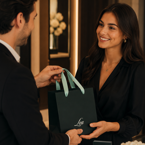 Boutique salesman handing woman a Lea branded bag