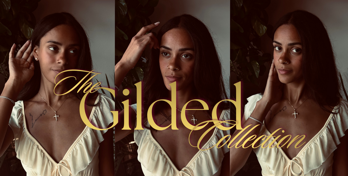 Three Photos of a model in a yellow dress with "the Gilded Collection" in gold text overlay