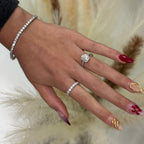 Model wearing Moissanite rings by Lea Fine Jewelry