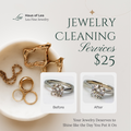 Promotional graphic for Haus of Lea jewelry cleaning services, showing gold and silver jewelry in a white dish alongside before-and-after images of diamond rings. Text advertises $25 cleaning services.