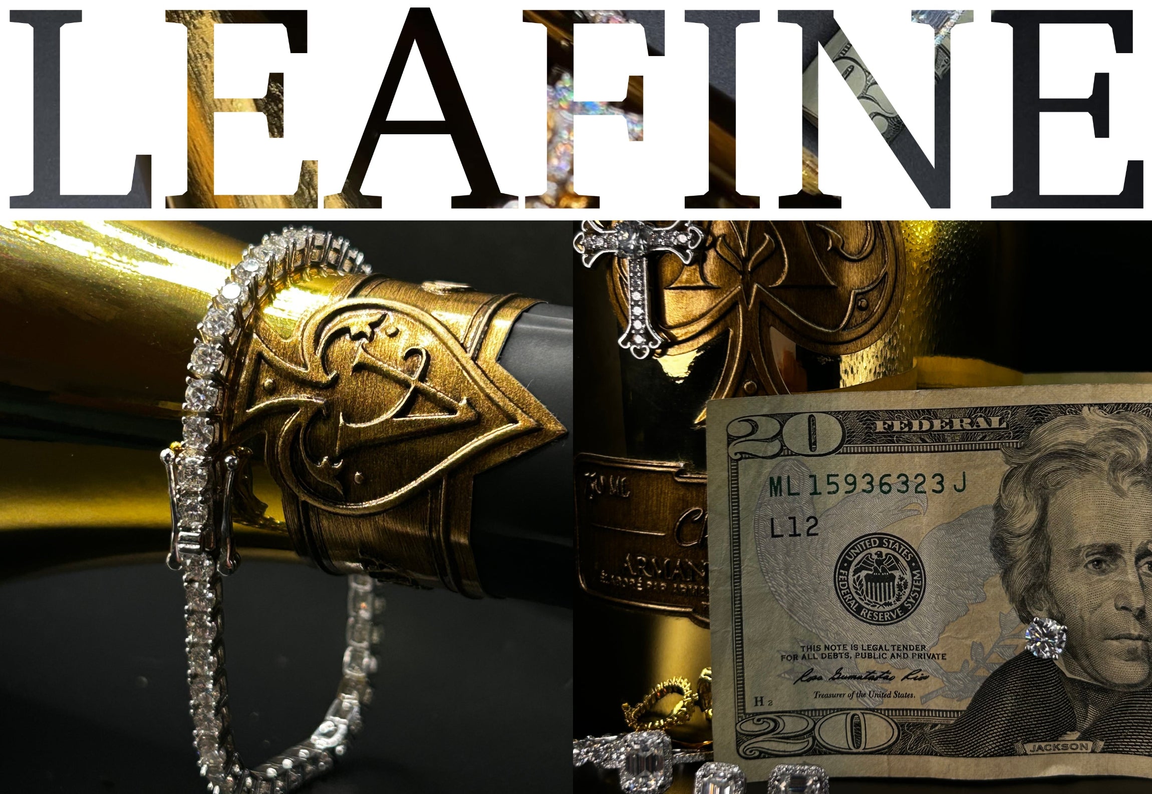 Bracelet on a gold object with a $20 bill, featuring the brand 'LEAFINE'.